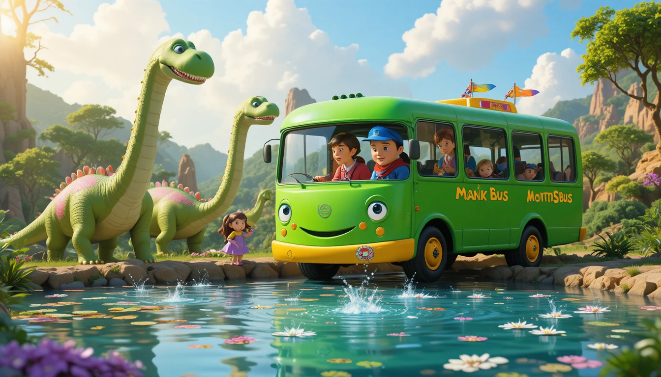 Ônibus verde em desenho animado ao lado de lago pré-histórico com dinossauros
