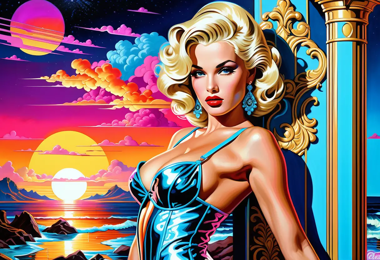 Pin-up blonde néon en pose de somptueuse couture baroque