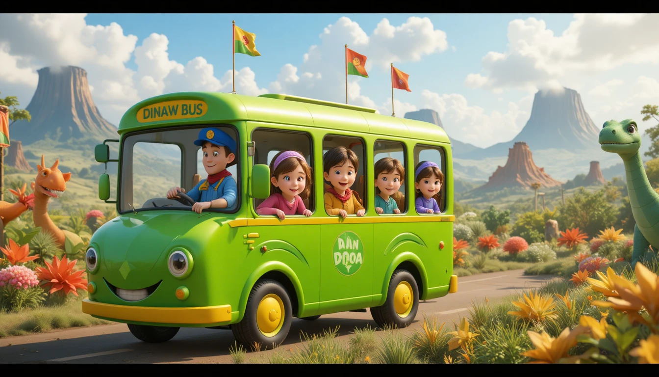 Ônibus dinossauro verde em desenho animado em um vale mágico