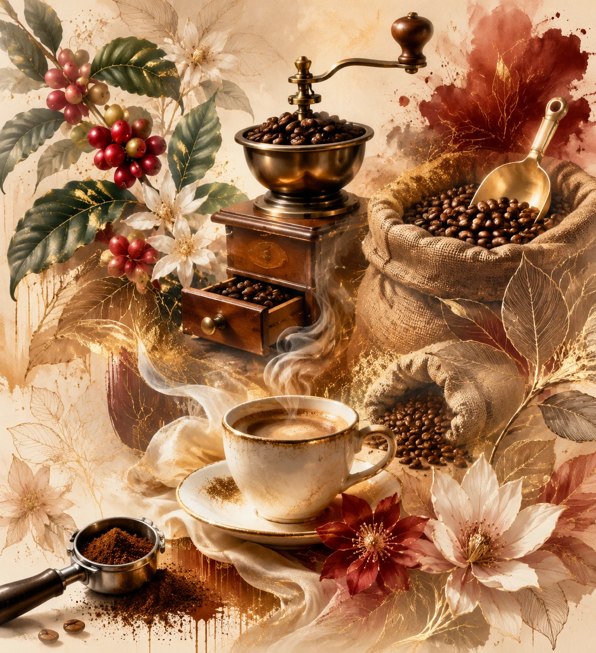 Kaffeerösterei-Moodboard mit Bohnen, Pflanzen und Mühle