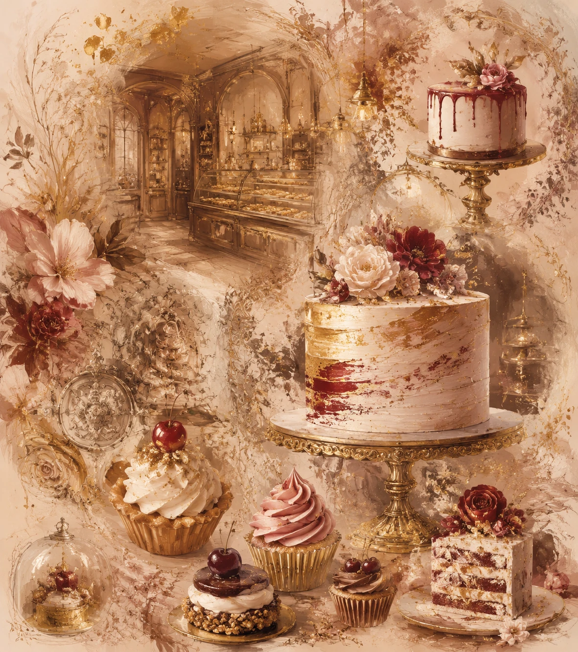 Moodboard elegante de bolos e doces em estilo fine art
