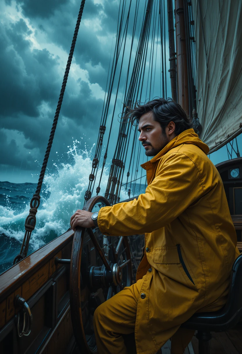 Capitão de navio conduzindo por mares tempestuosos sob chuva forte