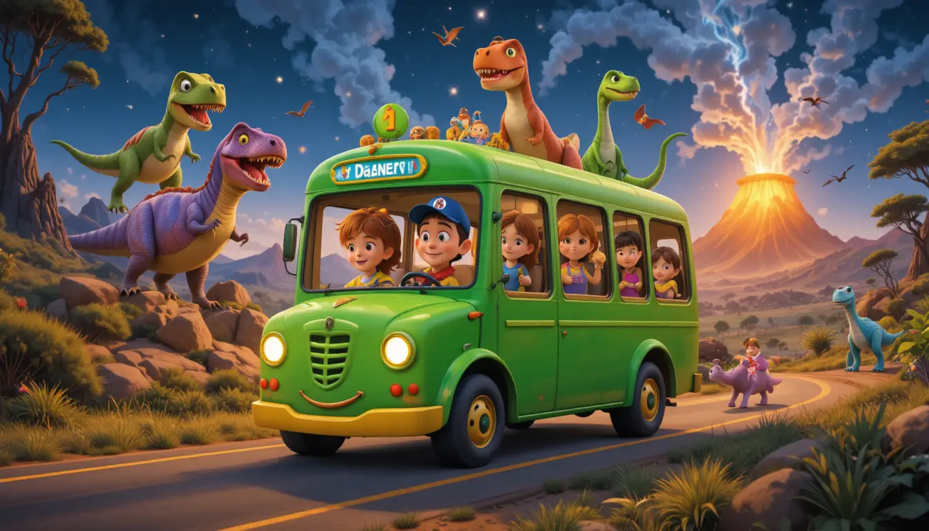 Bus dinosaure vert cartoon transportant des enfants à travers des collines forestières