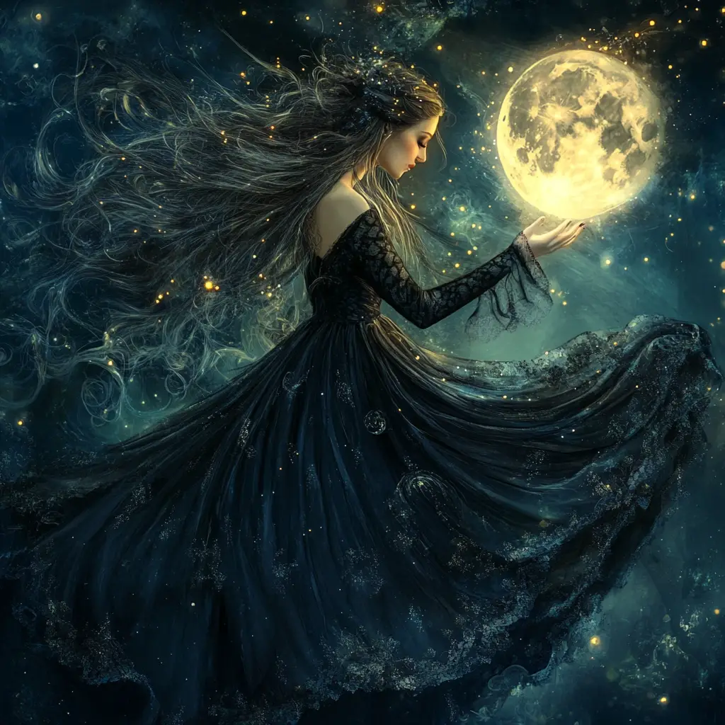 Mystic shaman woman with glowing Celtic runes at moonlight