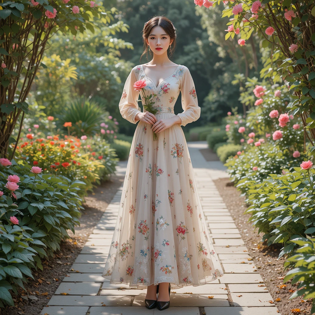 Garota de vestido esmeralda segurando uma rosa no jardim
