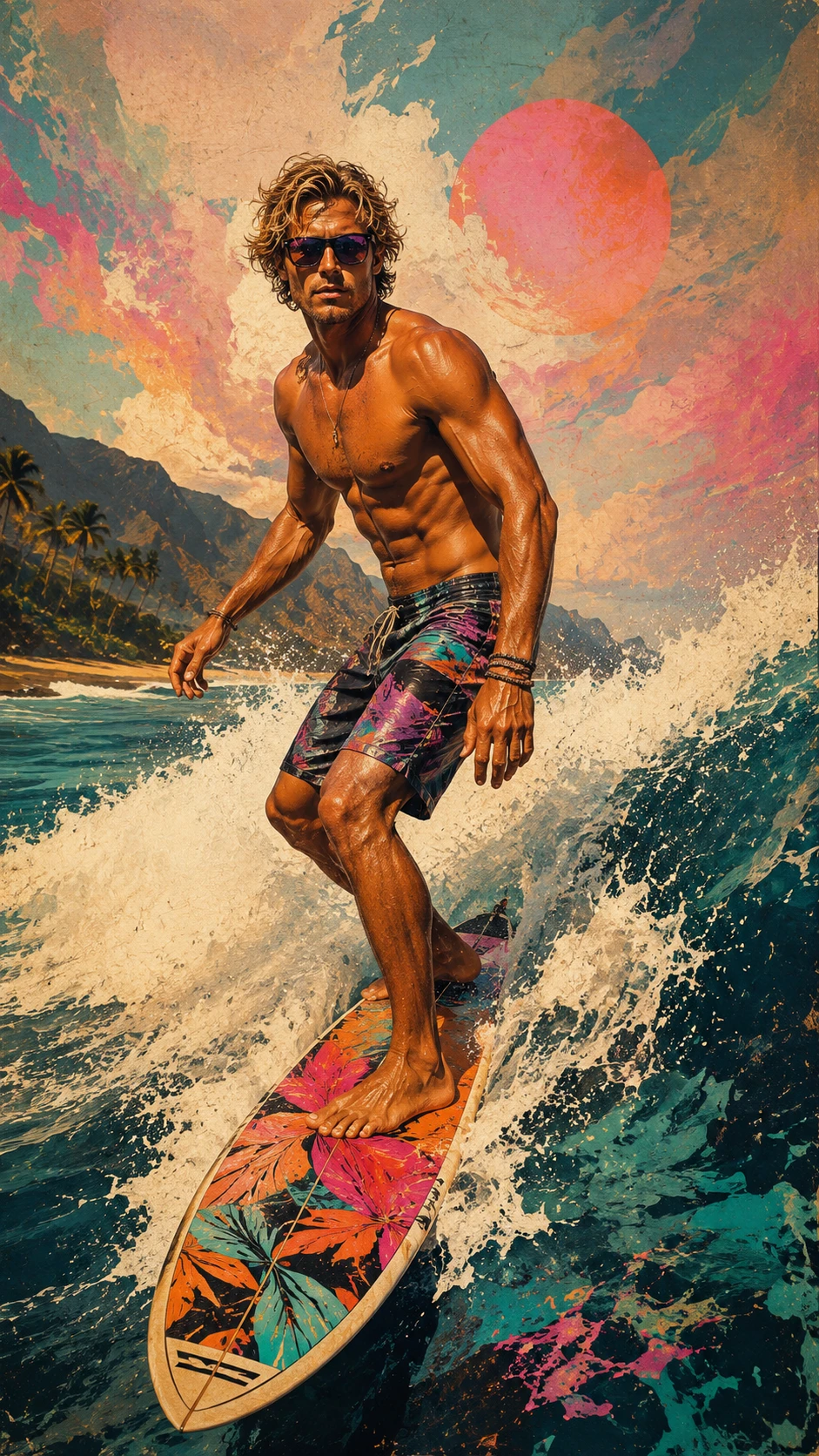 Athletischer männlicher Surfer reitet eine Welle in digitaler Kunst