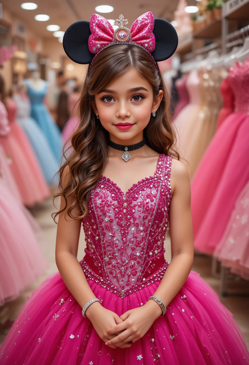 Menina com vestido Minnie rosa choque em boutique da Disney