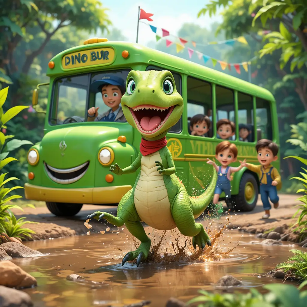Filhote de dinossauro correndo ao lado de um ônibus verde sorridente
