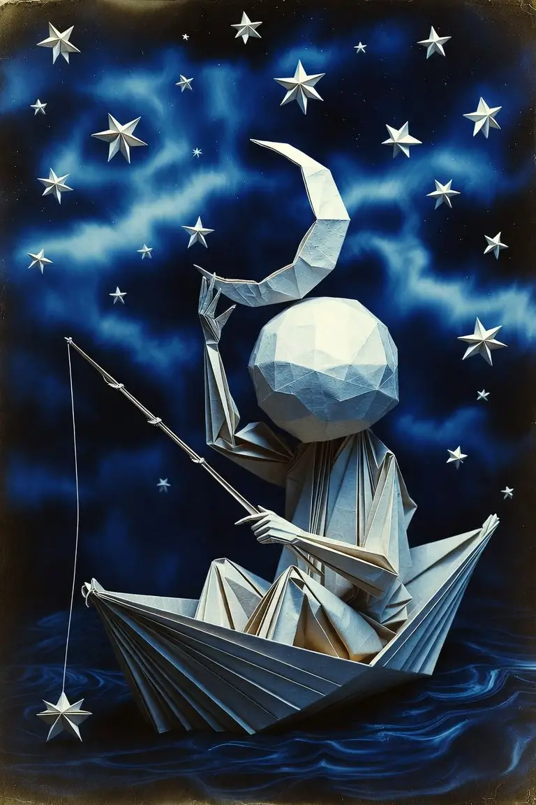 折紙男子坐在船上抱著月亮釣星星