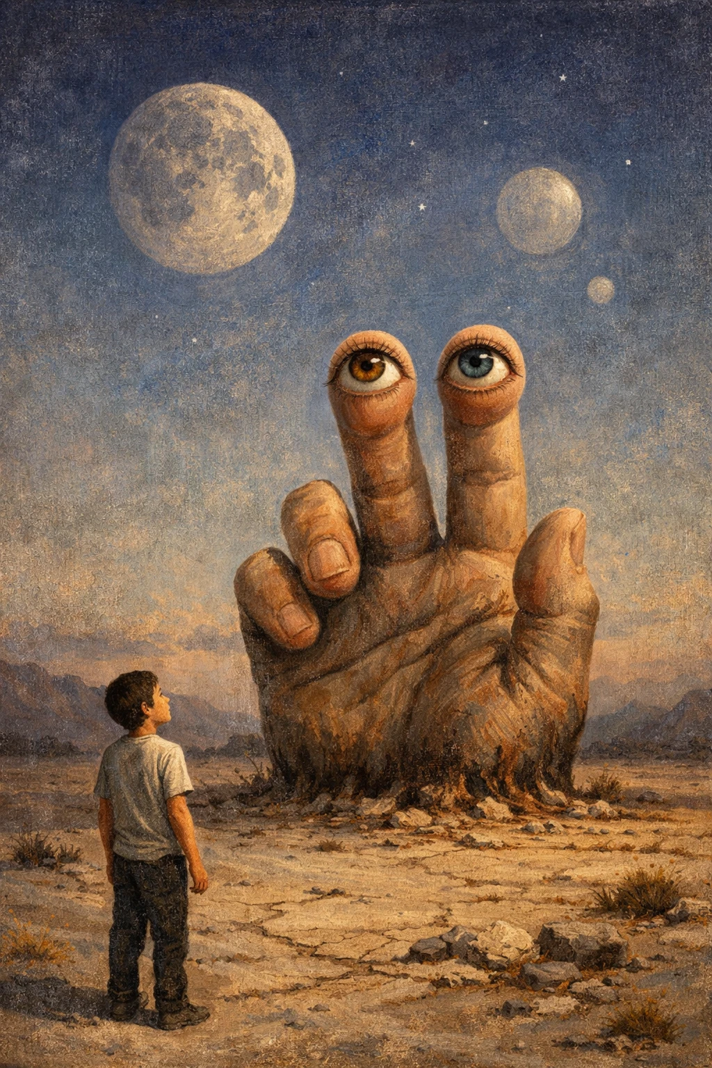 Boy watching surreal hand and moons in twilight desert