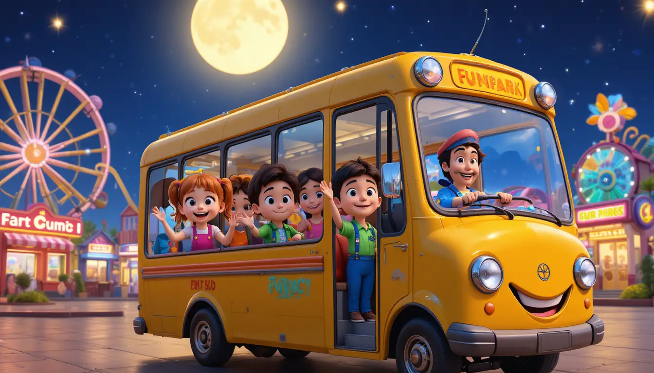Bus de parc jaune et joyeux avec des enfants en style dessin animé 3D
