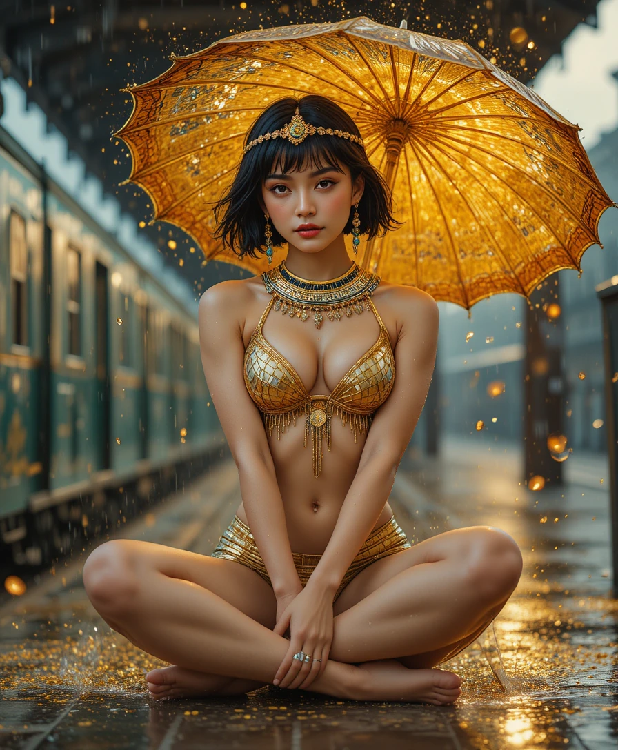 Golden particles surround a woman at a glowing train platform