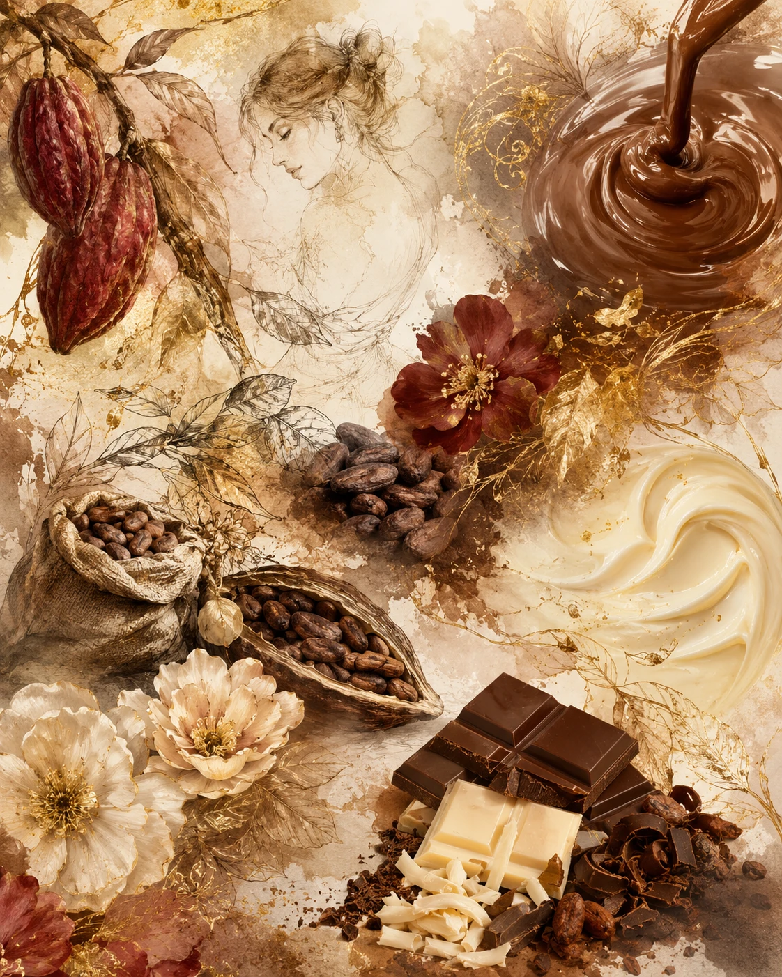 Schokoladen-Moodboard mit Kakaobohnen und Fine-Art-Textur