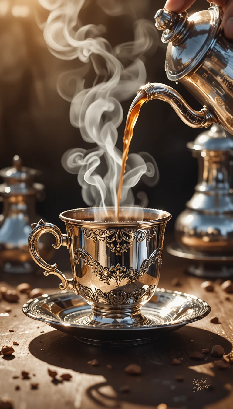 Aquarell von türkischem Kaffee in einer verzierten Silber­tasse