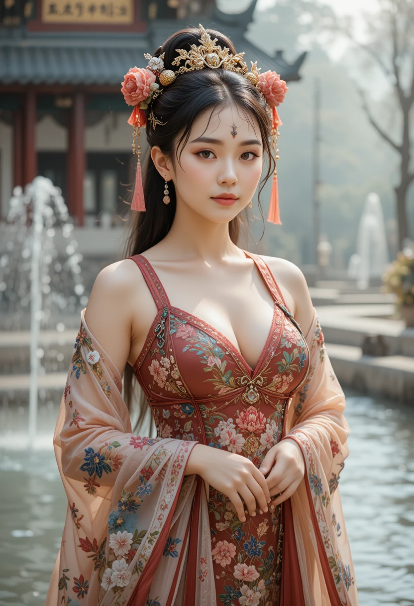 Elegante oiran in costume da bagno ottocentesco accanto a una fontana