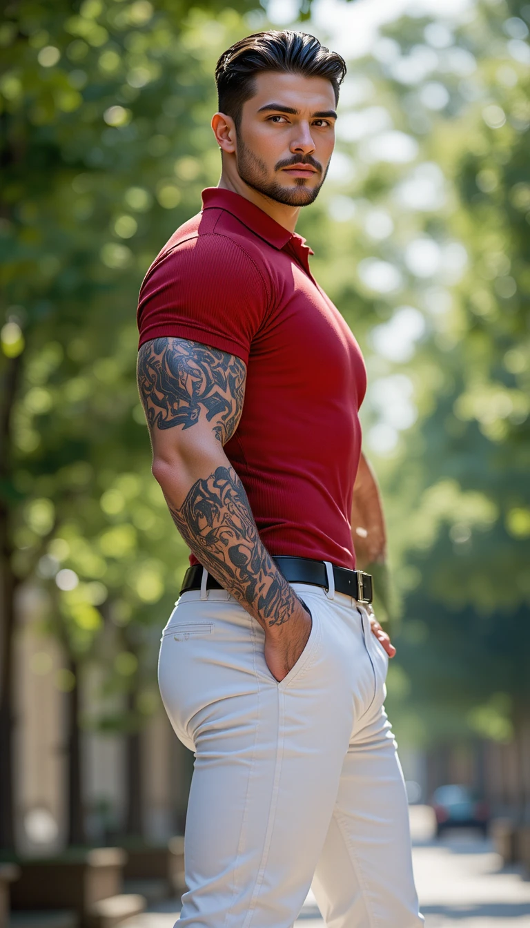 Homme irlandais sûr de lui en polo rouge dans la lumière naturelle