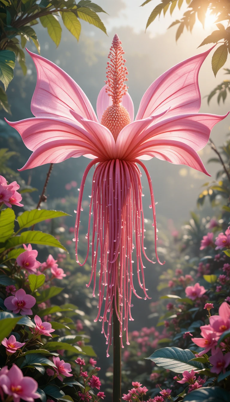 Flor murciélago rosa floreciendo en un jardín tropical de ensueño