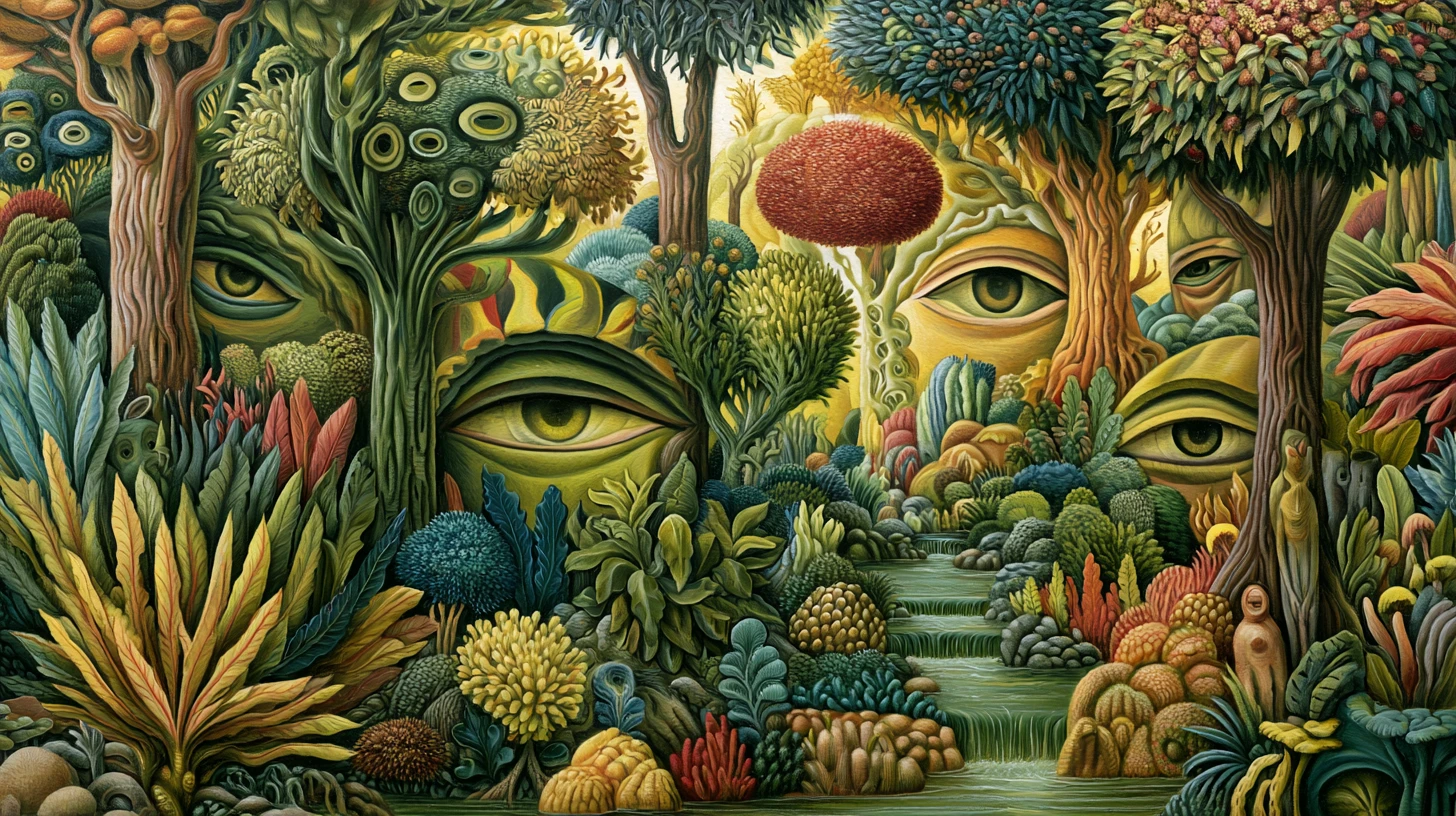 Seres humanóides alucinatórios em uma floresta fantástica consciente