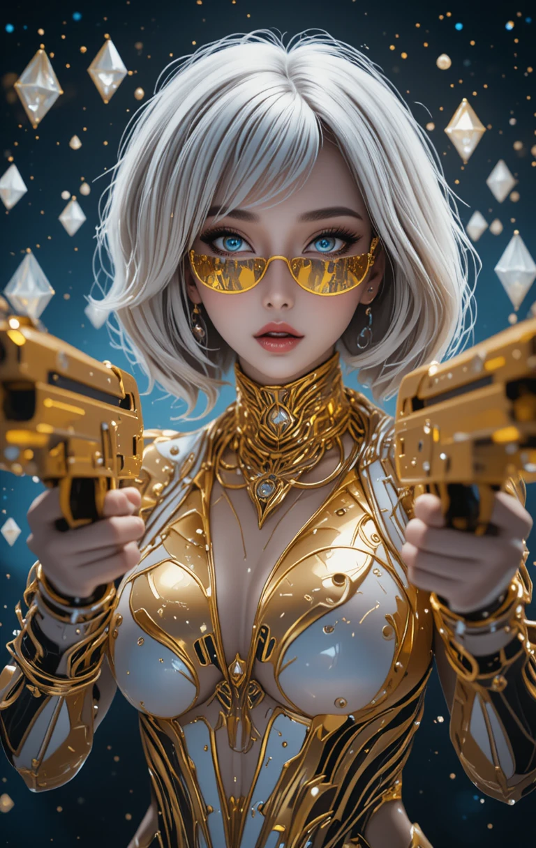 Donna cyberpunk con pistole dorate in un ritratto di diamante cosmico