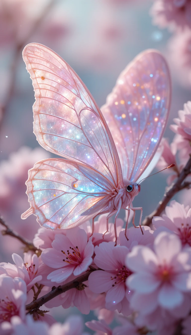 Borboleta mágica nas flores de cerejeira sob a luz suave da primavera