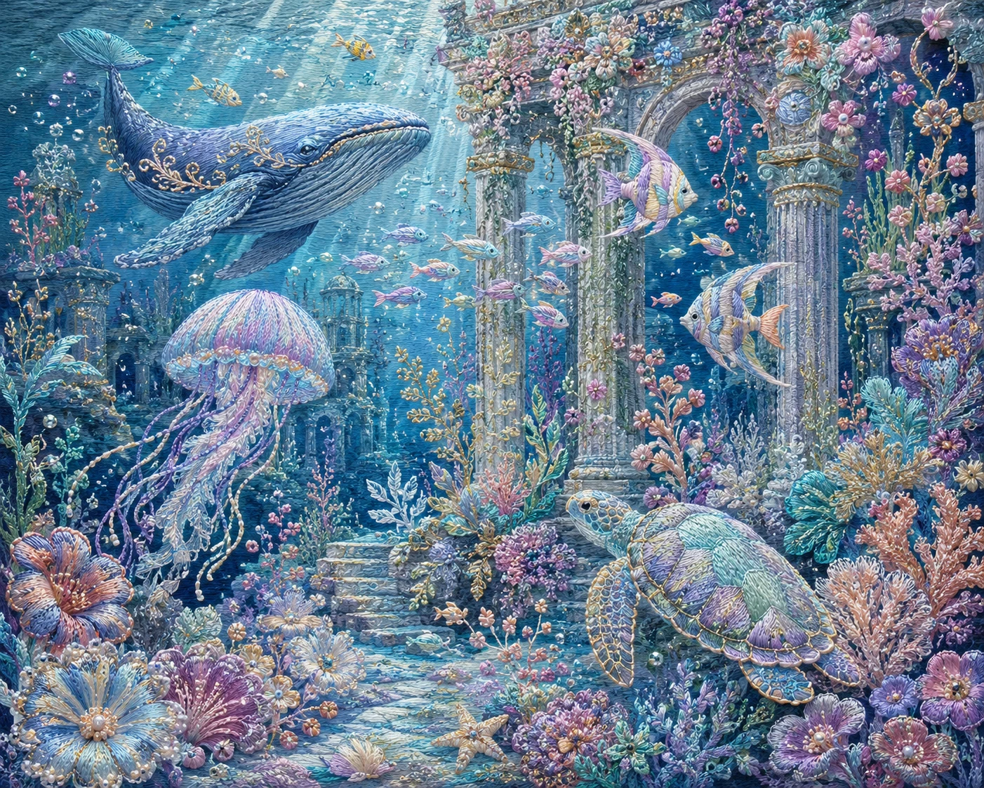 Dreamlike Underwater Garden With Glowing Fish And Ruins