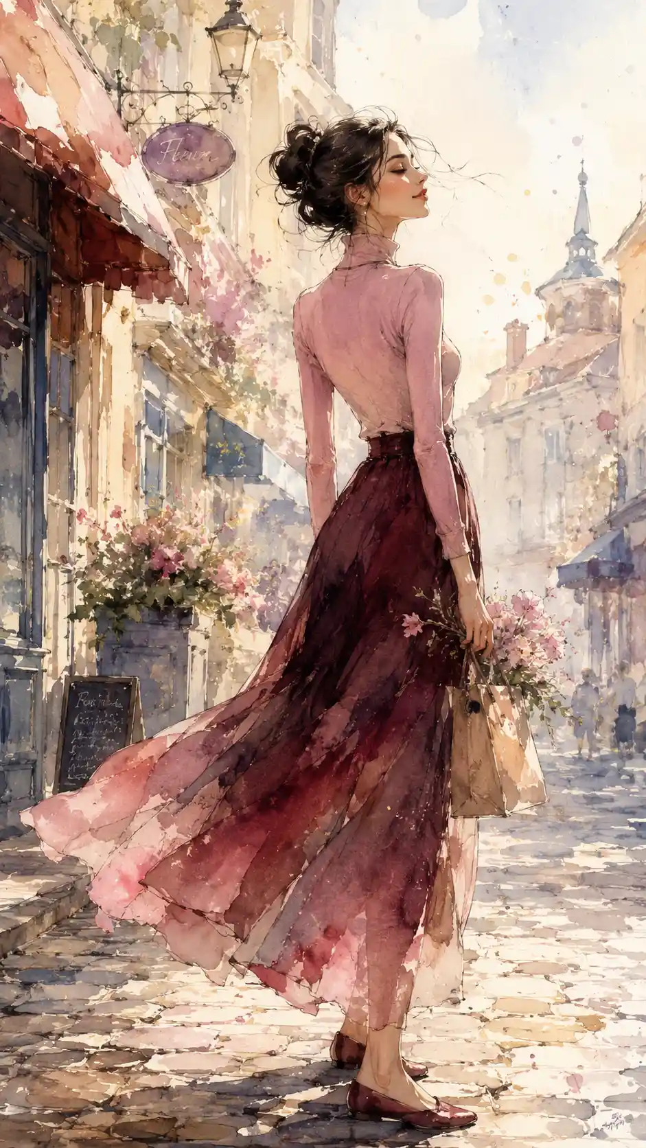 Elegant woman on a dreamy watercolor city street