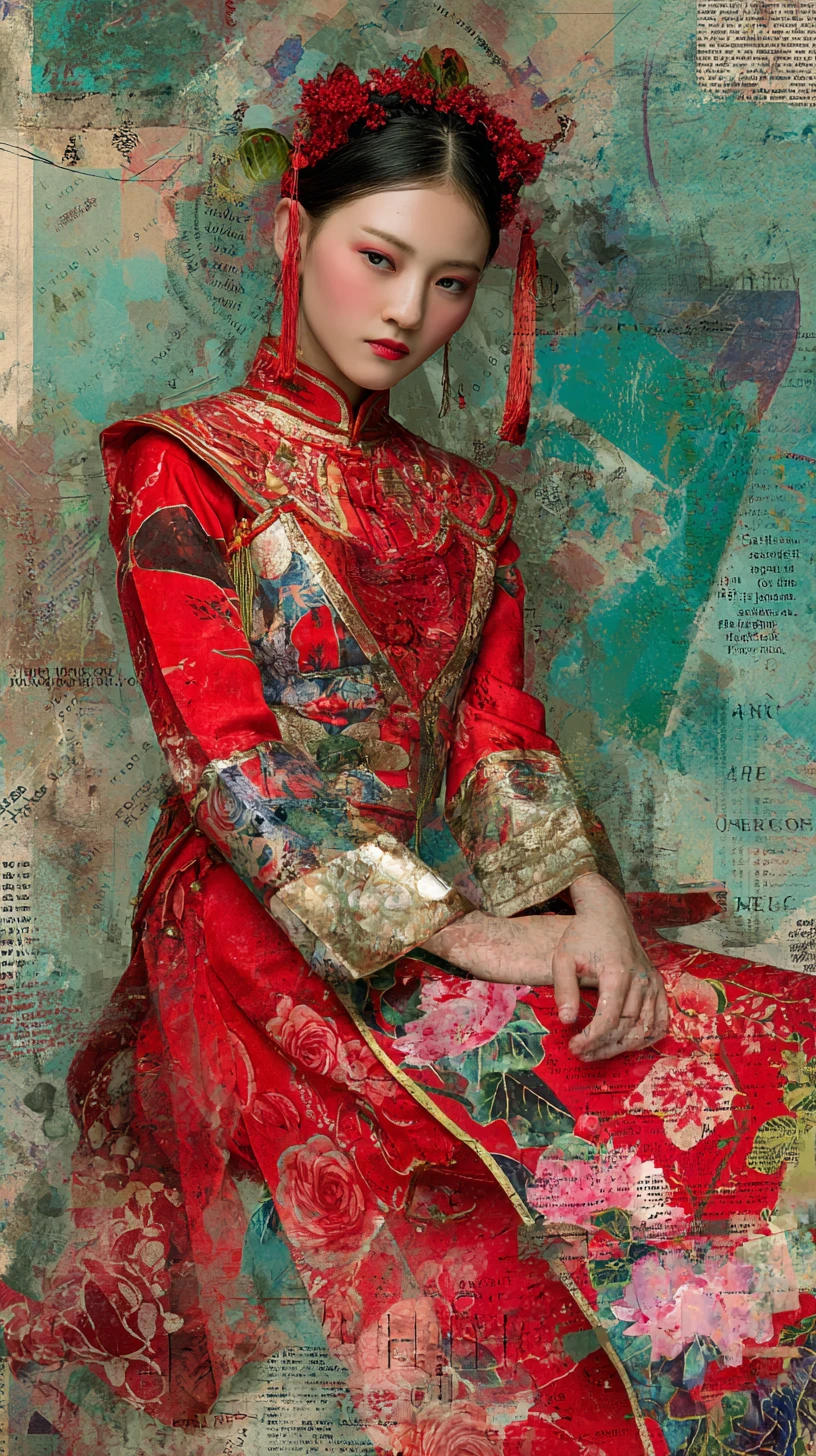 Retrato de mulher asiática elegante em fantasia vermelha inspirada na ópera