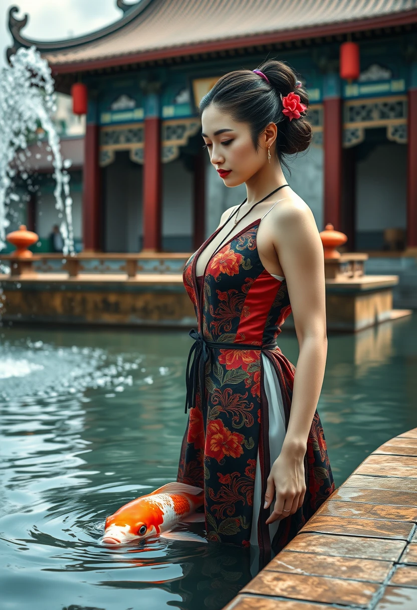 Mulher tradicional de maiô entrando em uma fonte