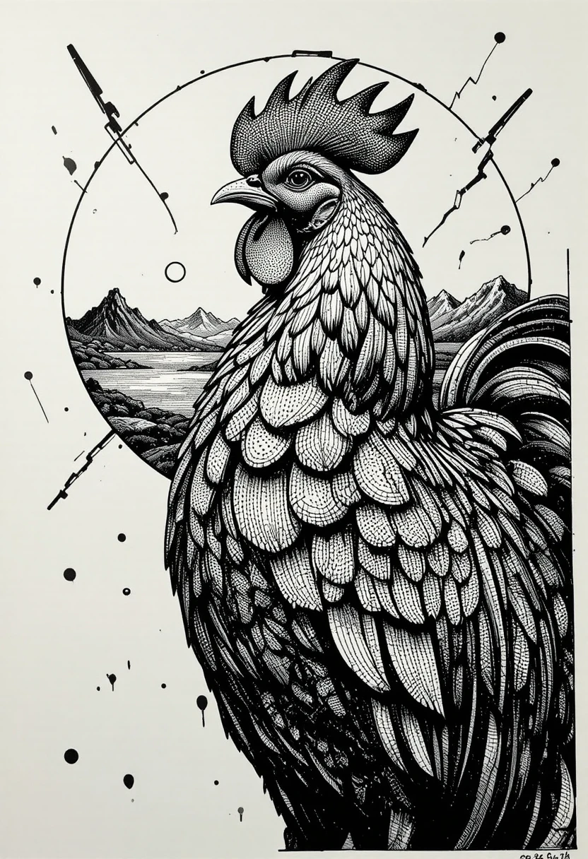 Galo detalhado em tinta com penas geométricas e paisagem banhada pelo sol