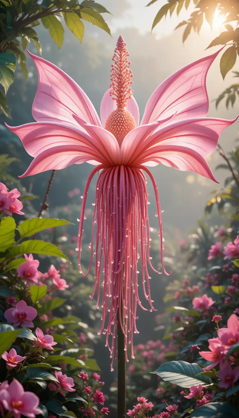 Flor-morcego rosa florescendo em jardim tropical dos sonhos