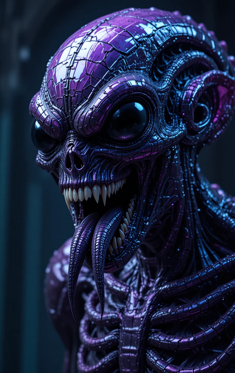 Monstro cibernético alienígena com pele de cromo e olhos negros