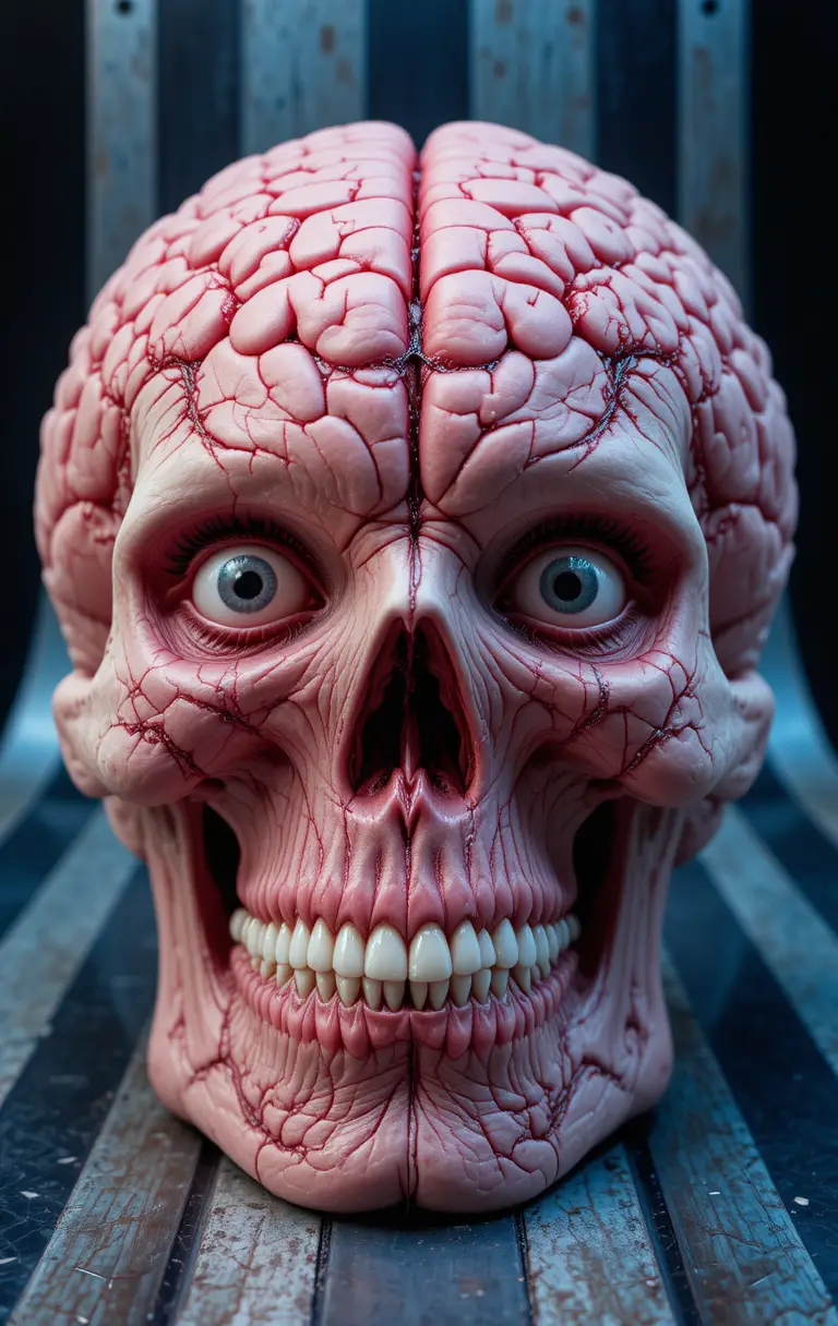 Cerebro grotesco expuesto con ojos sobre fondo metálico a rayas