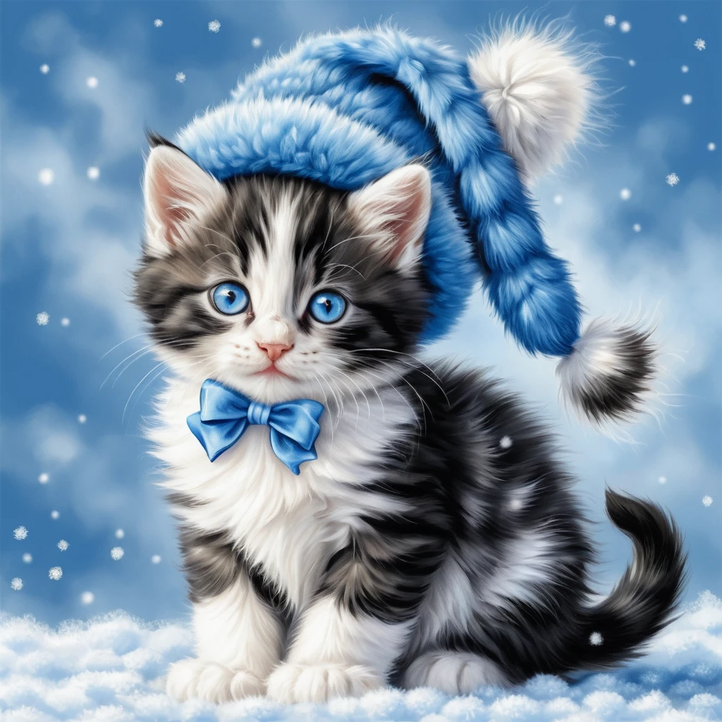 Adorable chaton tigré avec bonnet d’hiver bleu et nœud