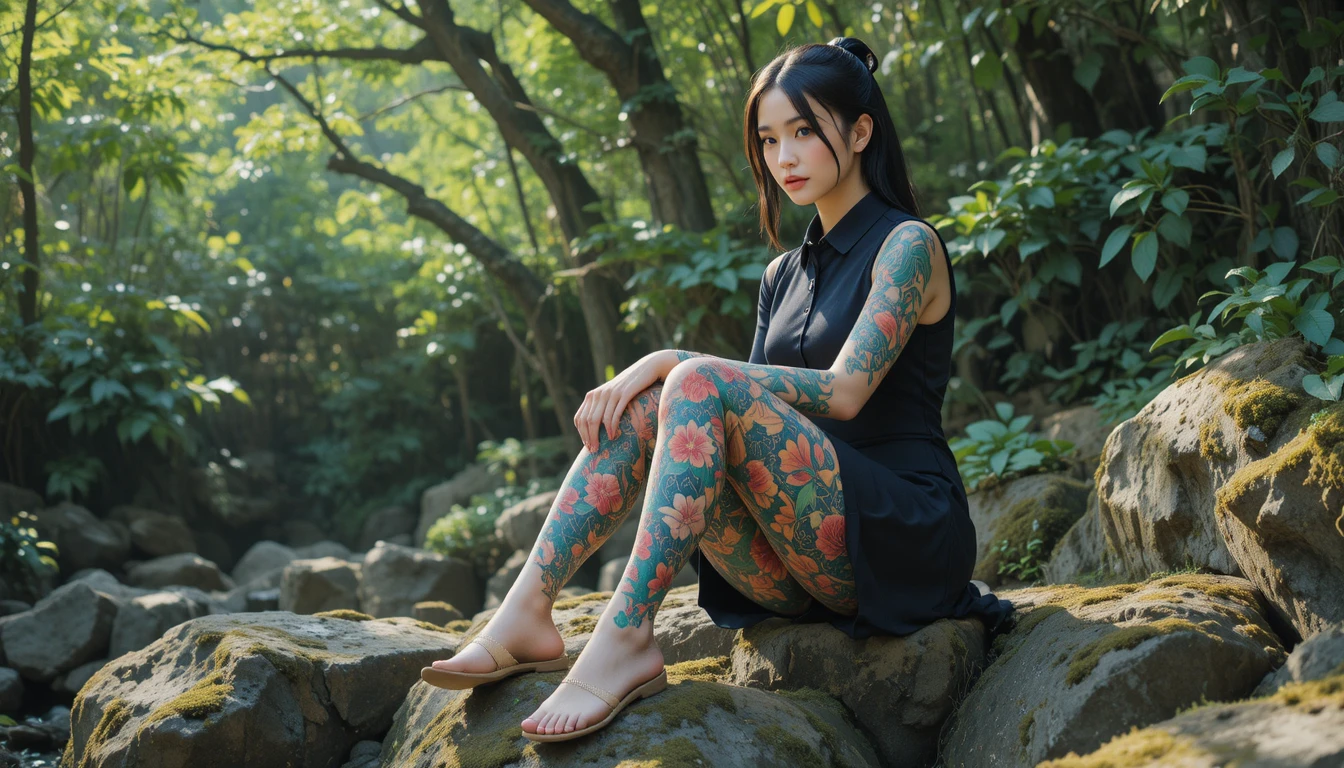 Tattooed woman sitting on forest rocks in dappled light