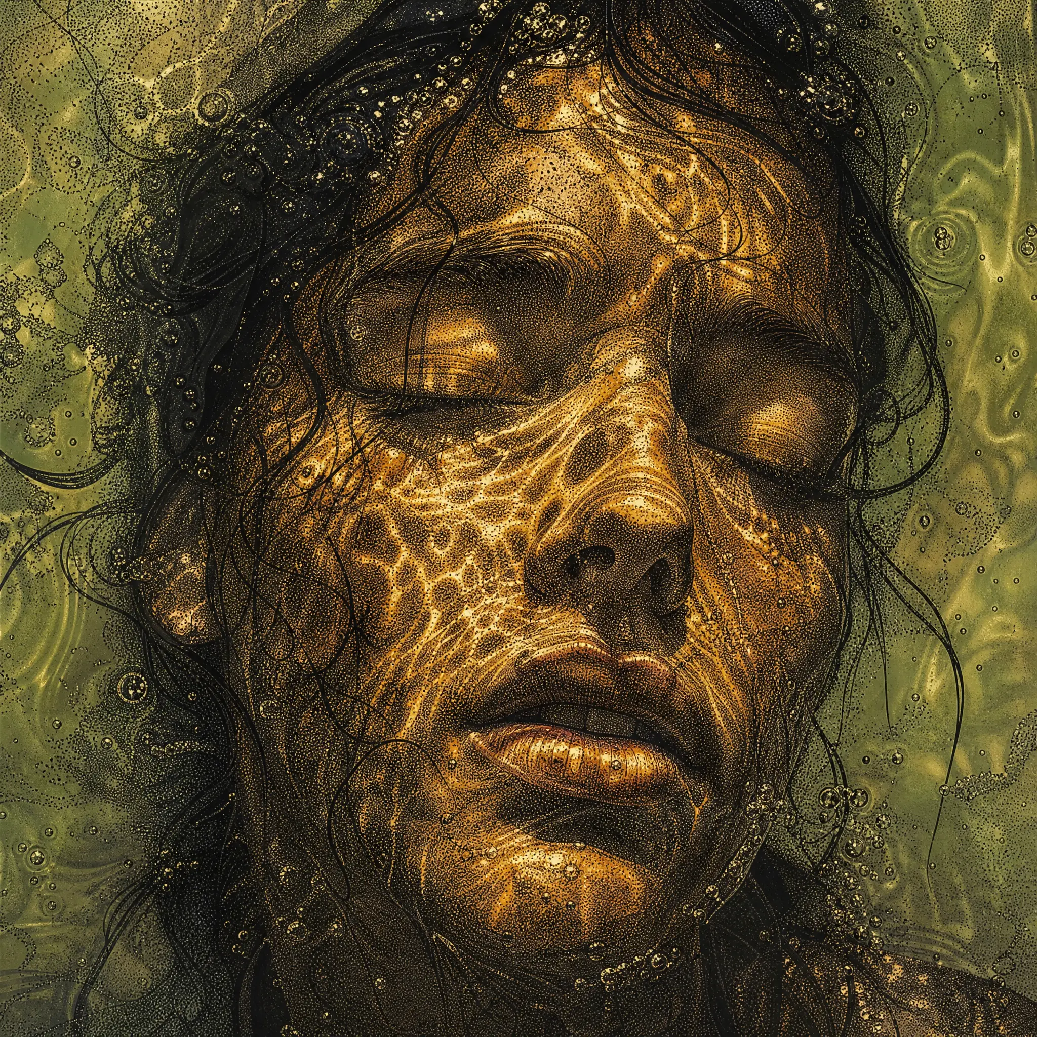 Surreal close up of a submerged human face in rippling water