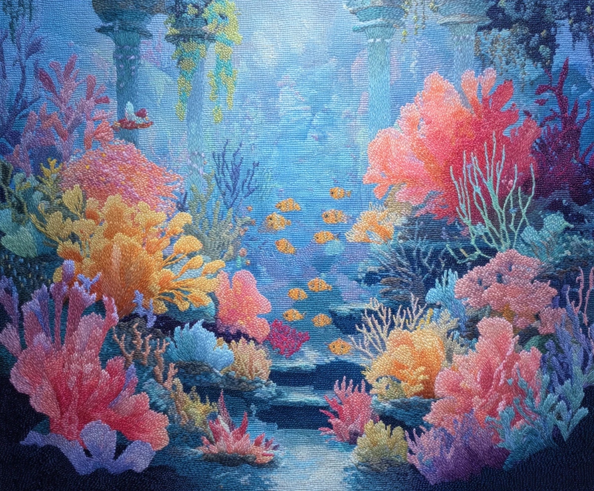Traumhafter Unterwassergarten mit leuchtenden Fischen und antiken Ruinen