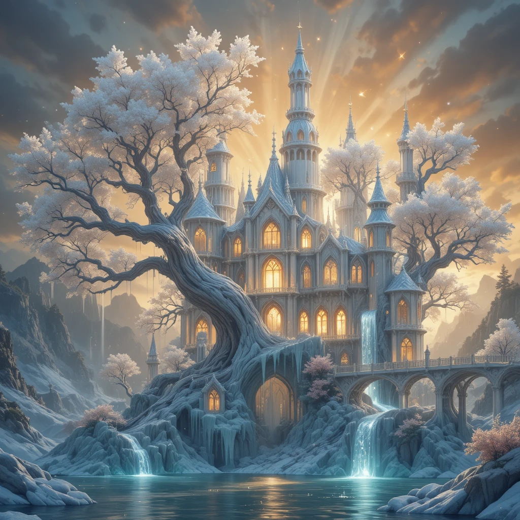Arbre Colossal en Cristal de Glace se Changeant en Château Fantastique