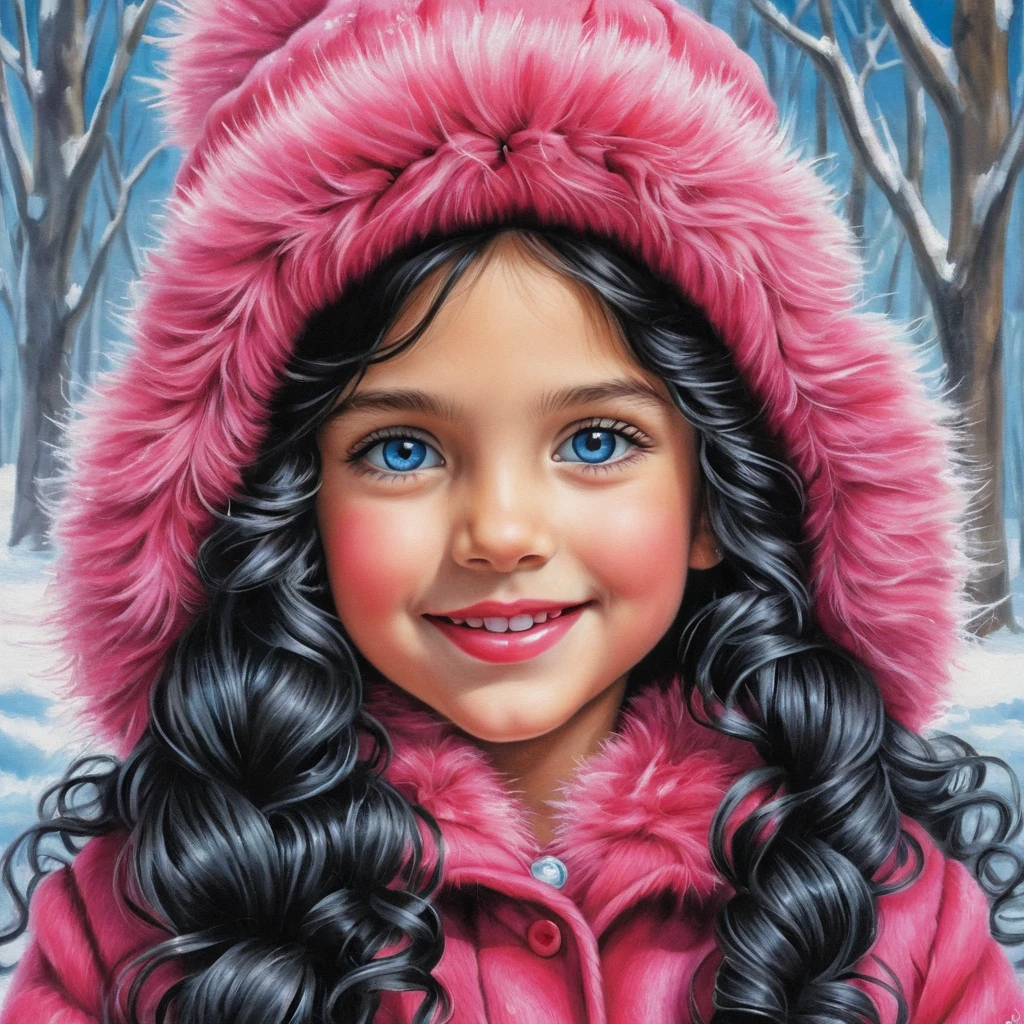 Fillette souriante en manteau de fourrure rose en hiver - illustration