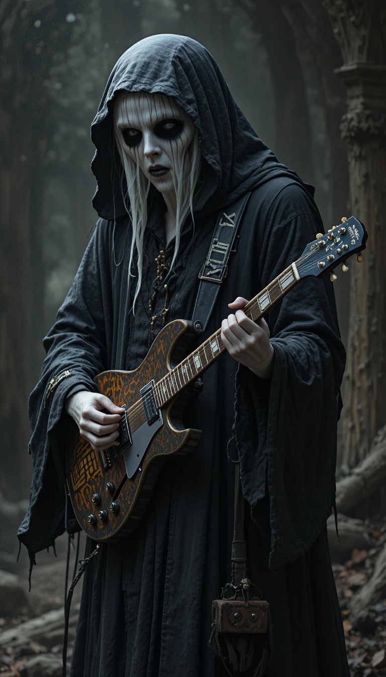 Fantasma de manto preto detonando na guitarra elétrica