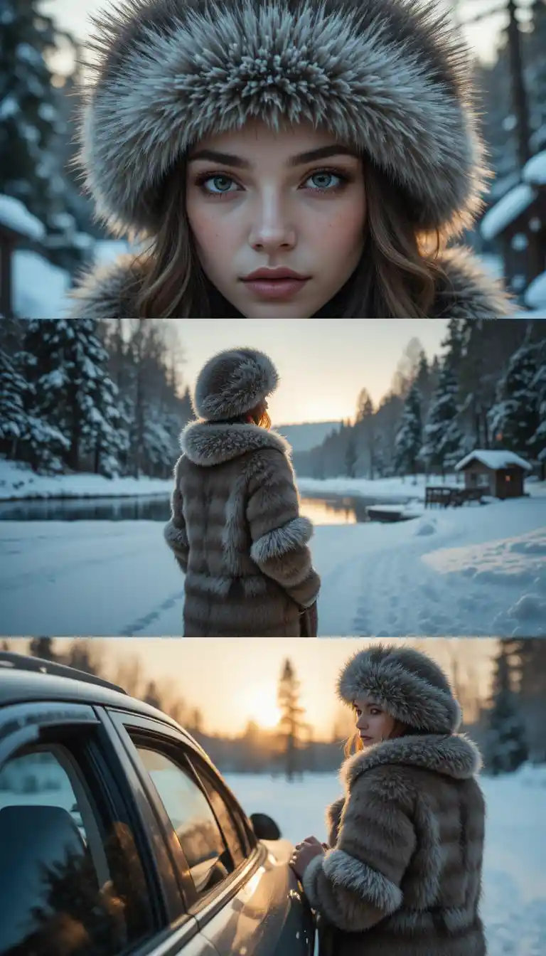 雪地冬季森林中戴皮草帽女子的特寫