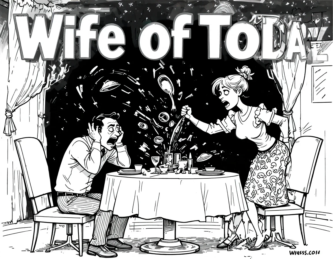 Casal caótico em desenho animado discutindo à mesa de jantar