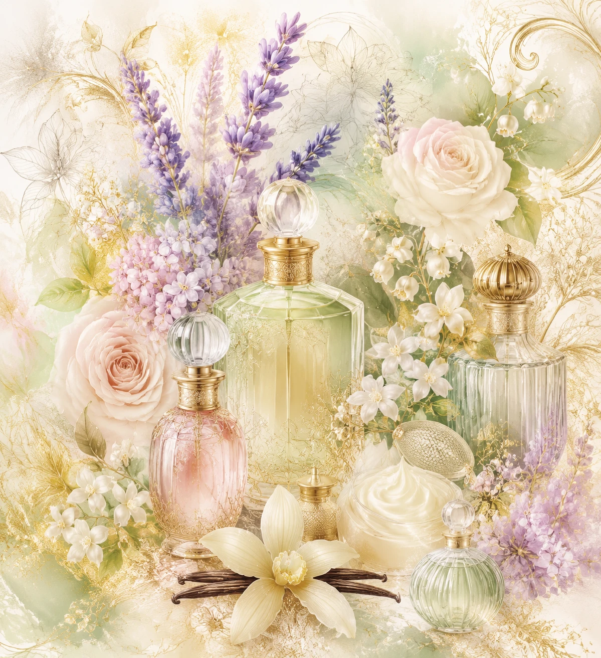 Elegantes Parfüm-Moodboard mit Blumen und zarten Golddetails