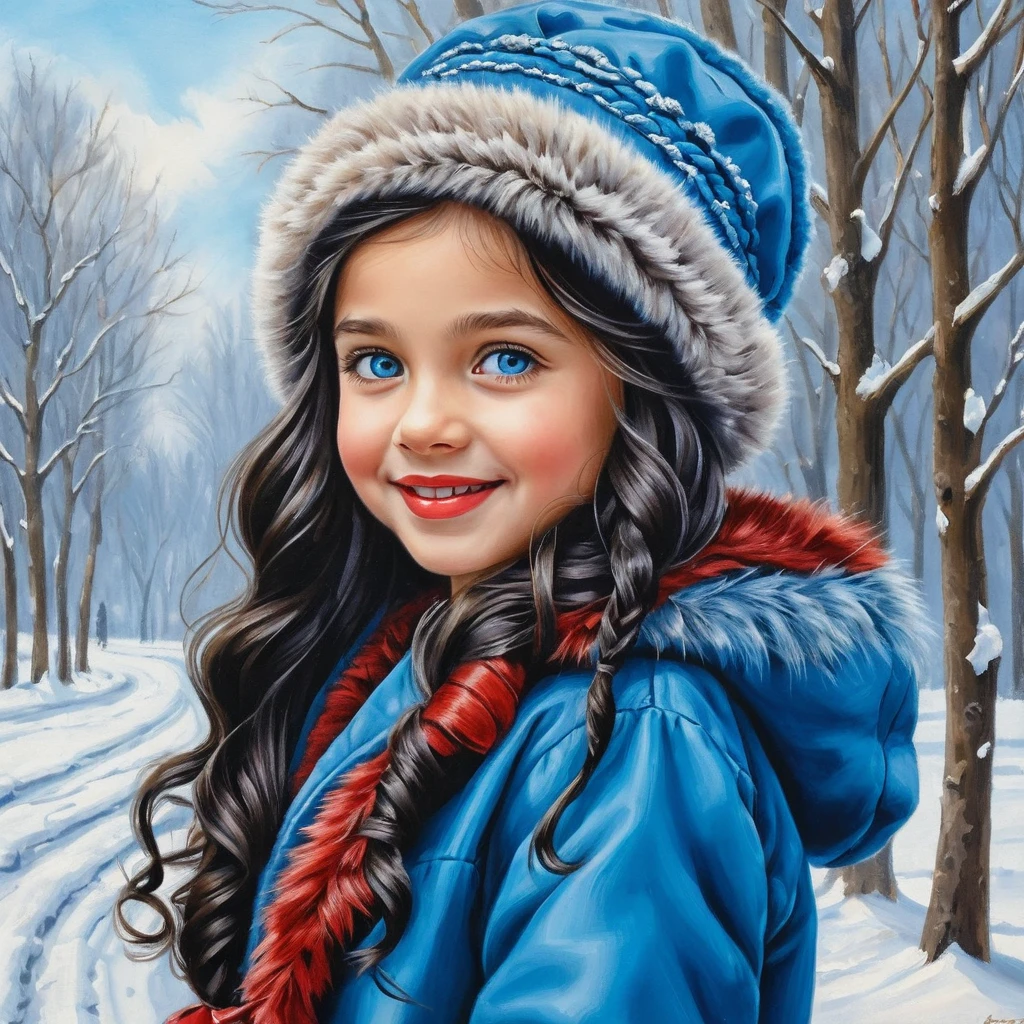 Menina sorridente de inverno com casaco de pele azul – ilustração
