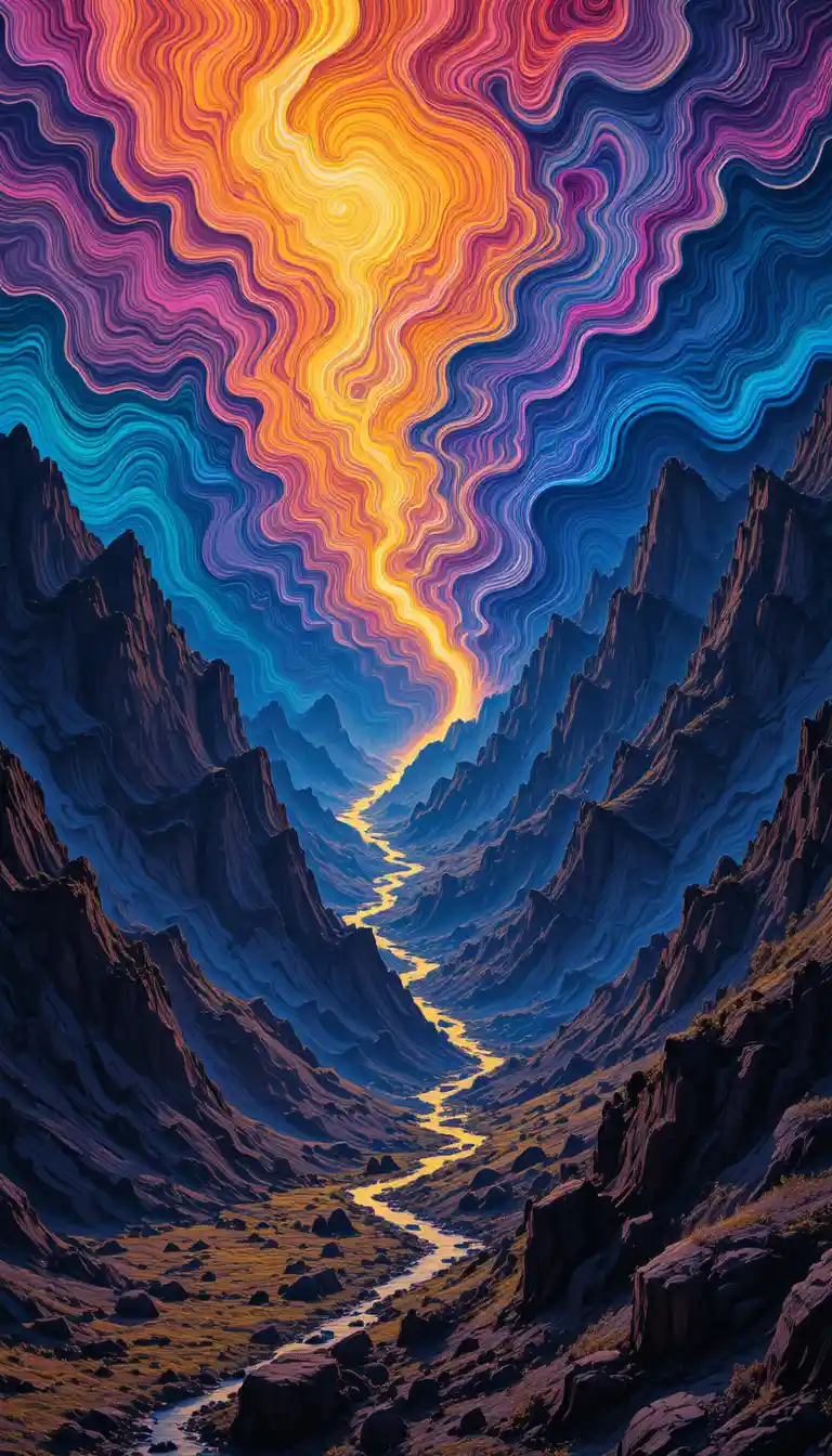 Neon psychedelic wind sweeping through dramatic mountain landscape
