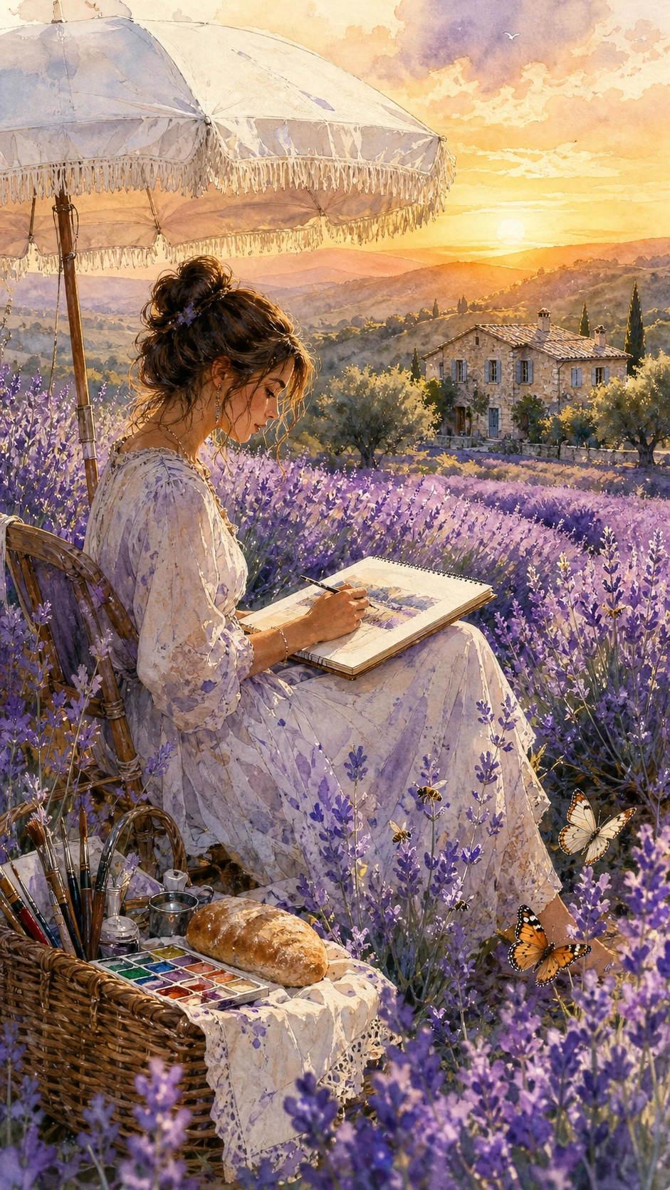 Young artist sketching in a lavender field at sunset