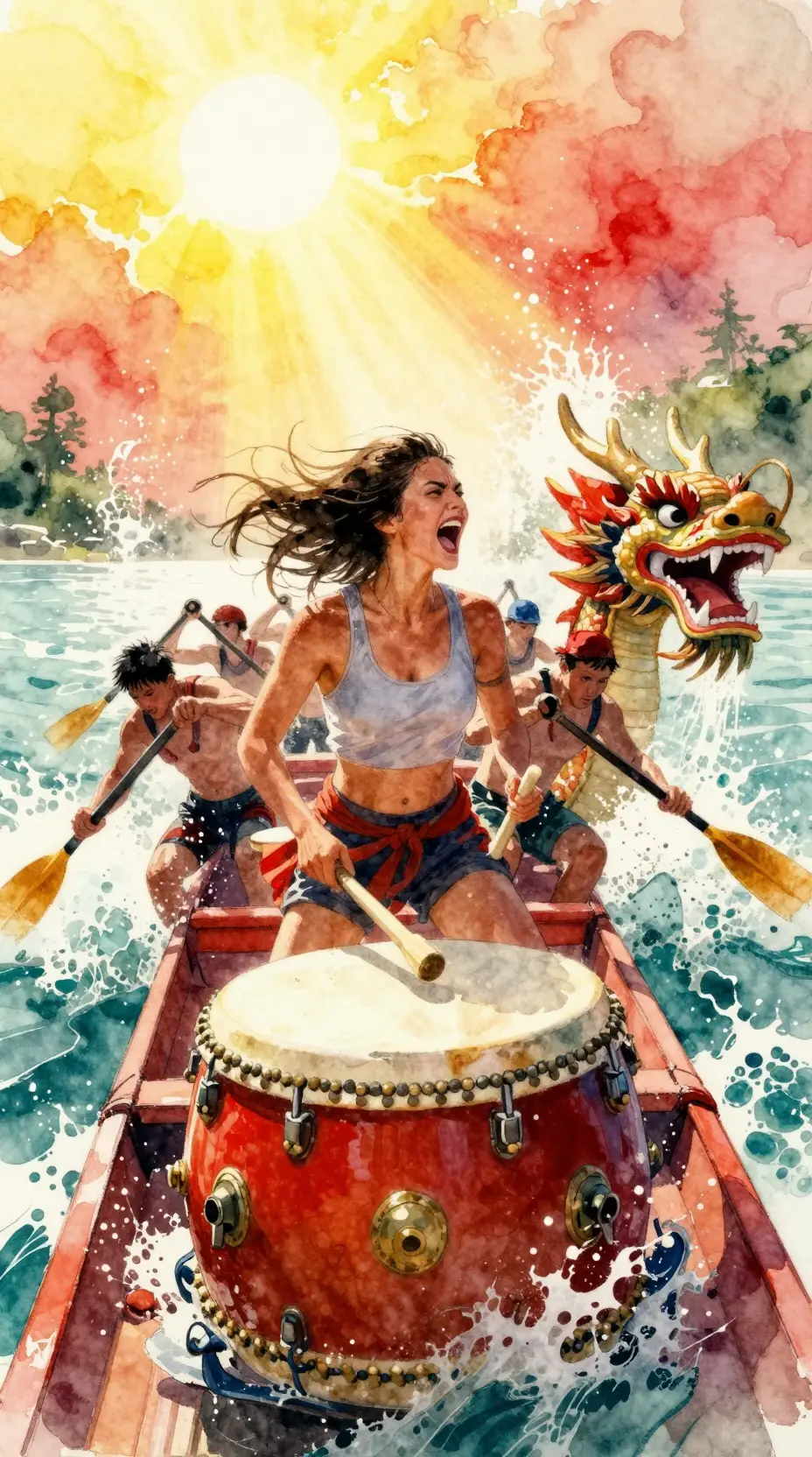 水彩風女性鼓手帶領戲劇性龍舟競賽