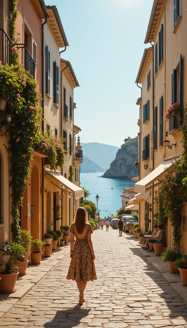 Woman in golden sunlight on a Mediterranean city street