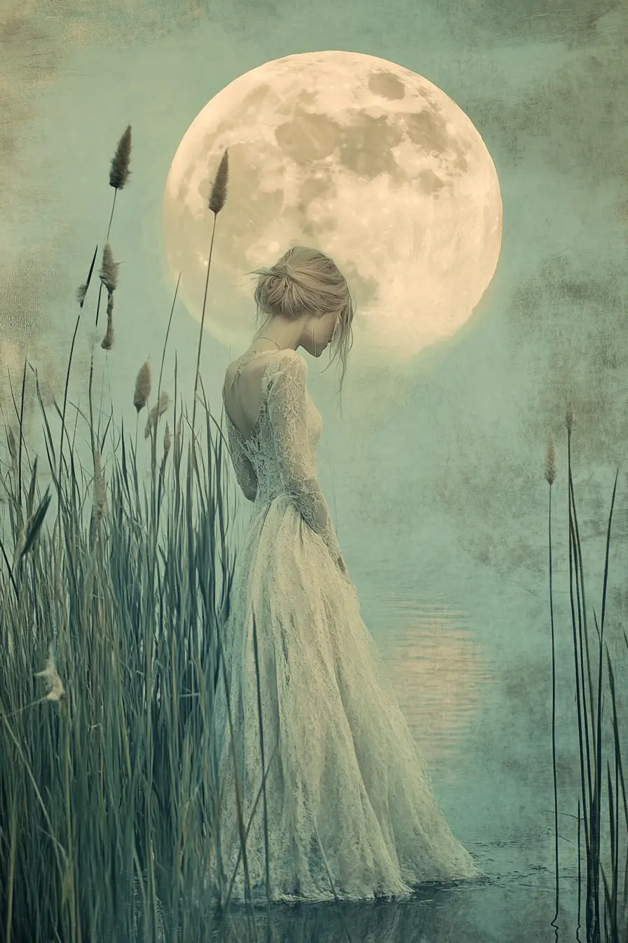 Femme éthérée marchant dans un lac baigné de clair de lune au crépuscule