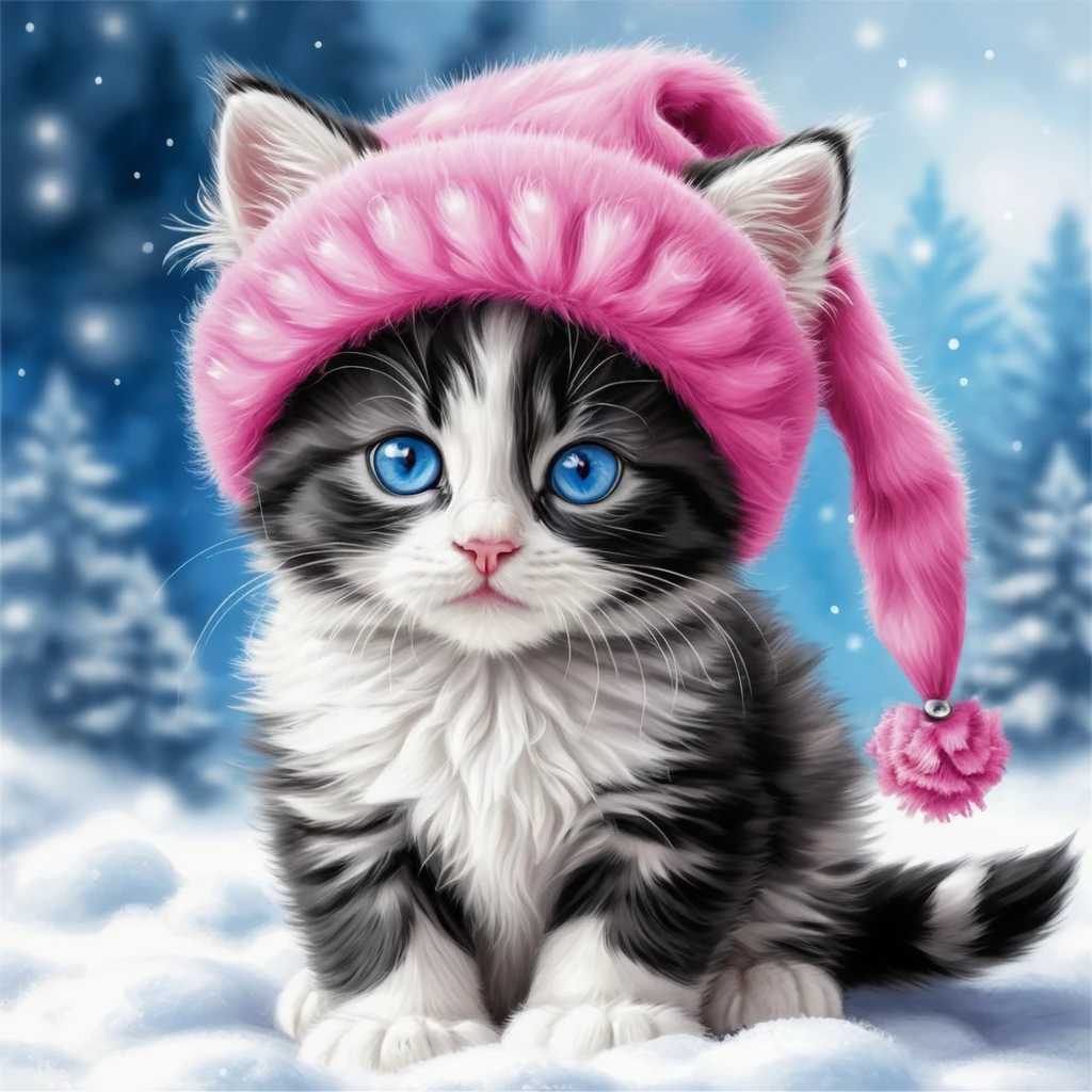Gatinho tigrado fofo com gorro de inverno rosa em arte de lápis de cor