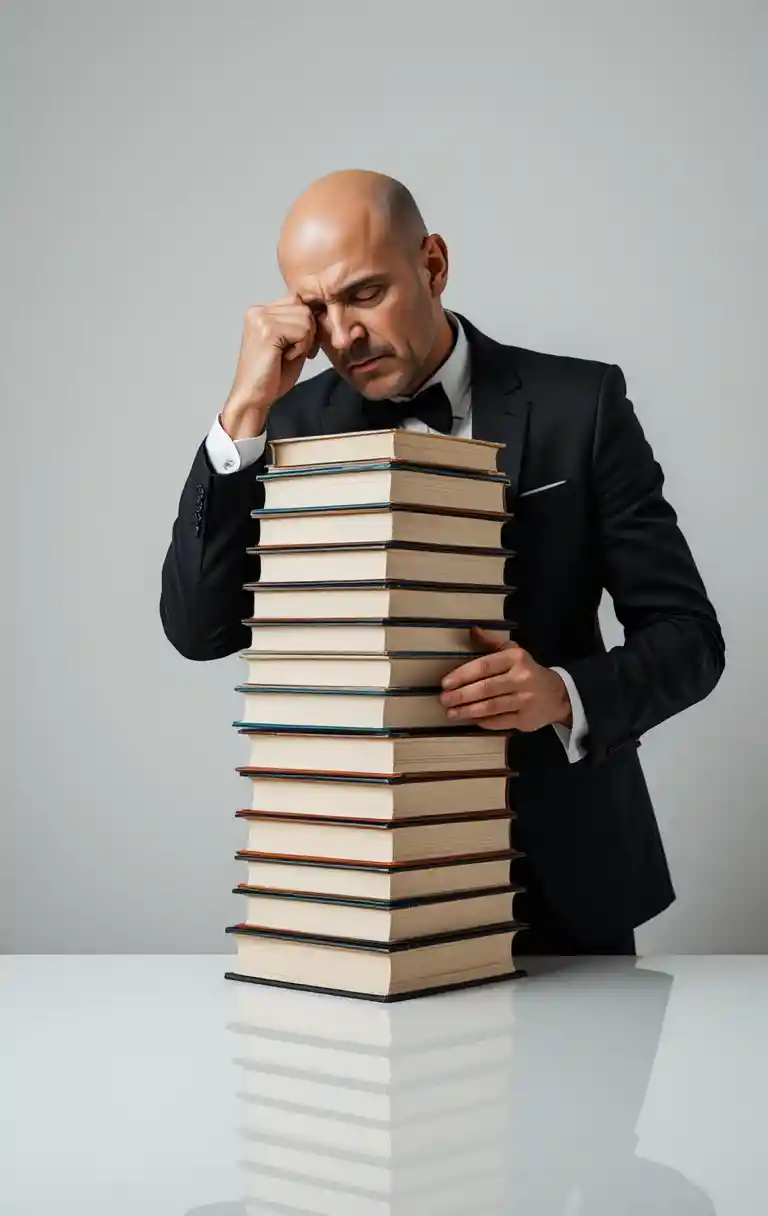 Glatzköpfiger Mann im Smoking, der sich an einen hohen Stapel Bücher lehnt